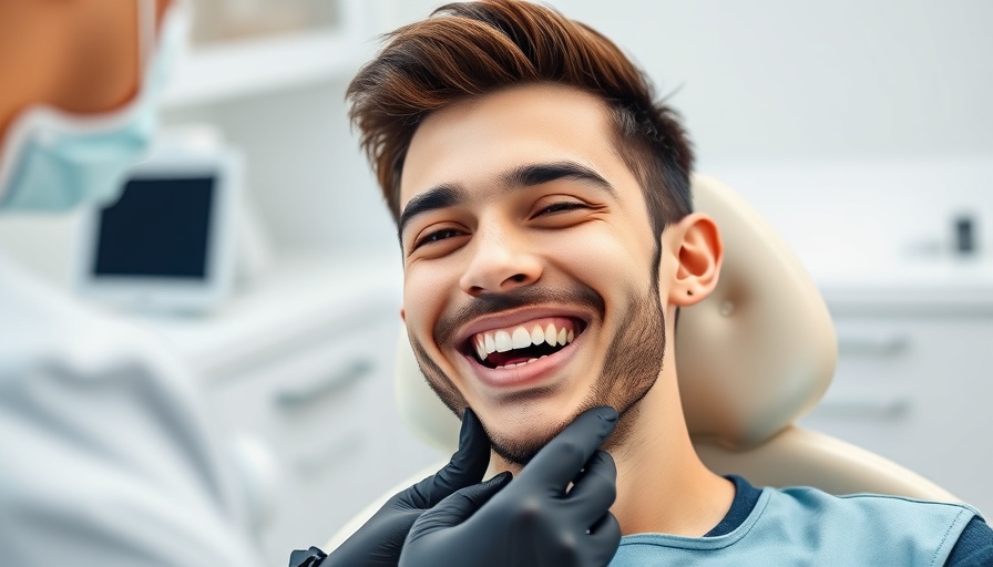 Young man smiling during dental checkup near me at a clinic.