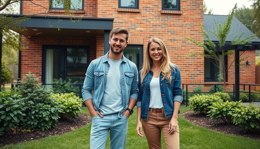 Two people in casual attire in front of a house, best time to buy and sell property.