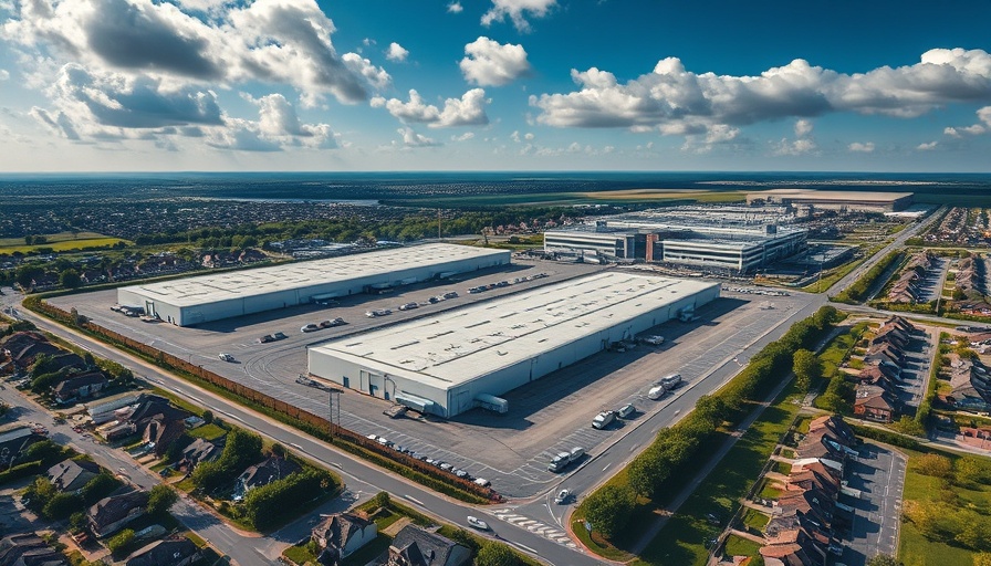 Aerial view of industrial complex near suburban neighborhood.