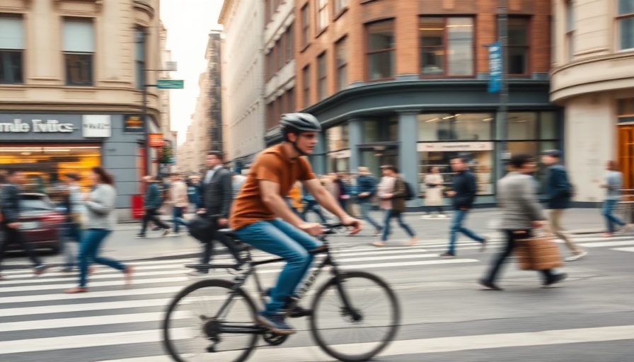 Bustling city street with blurred cyclist and pedestrians, property investment Newcastle atmosphere.