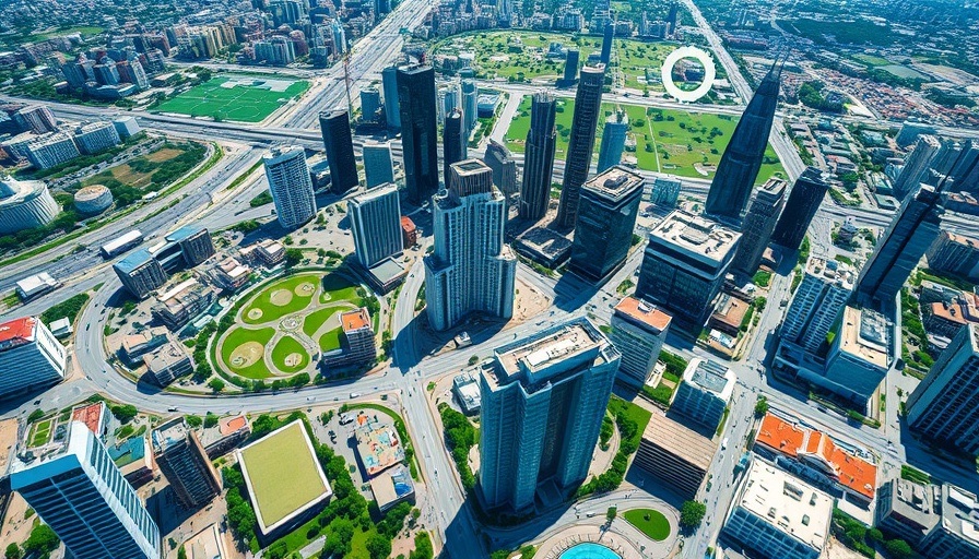 Cityscape with sustainable technology icons overlayed, highlighting sustainable building practices.