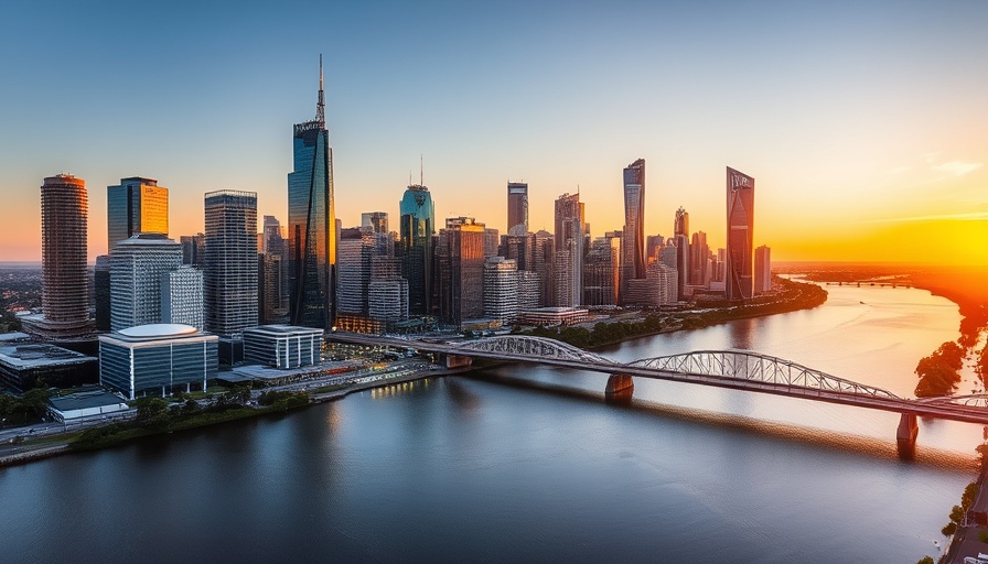 Aerial view of Brisbane skyline at sunset highlighting construction and modern architecture.