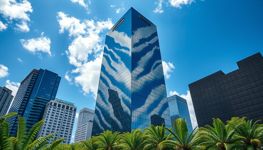 Modern glass building reflecting sky and clouds with greenery.