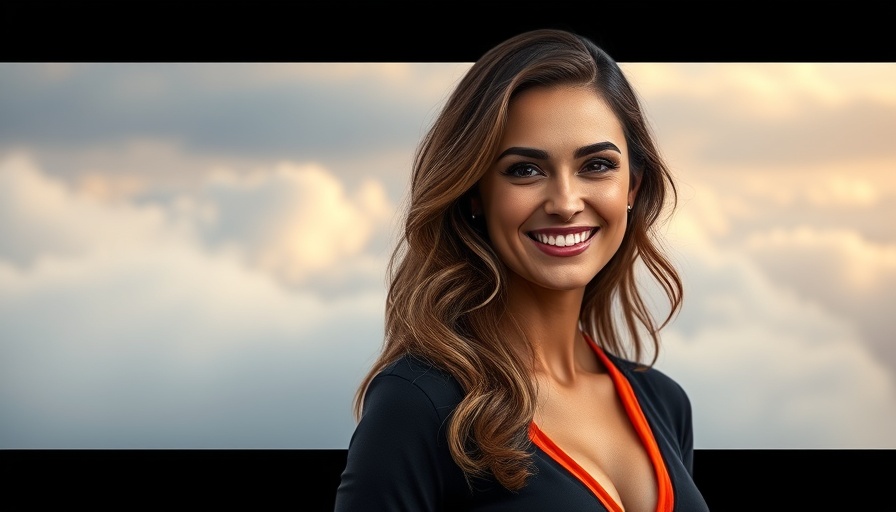 Smiling woman with wavy hair in a black outfit against a cloudy background.