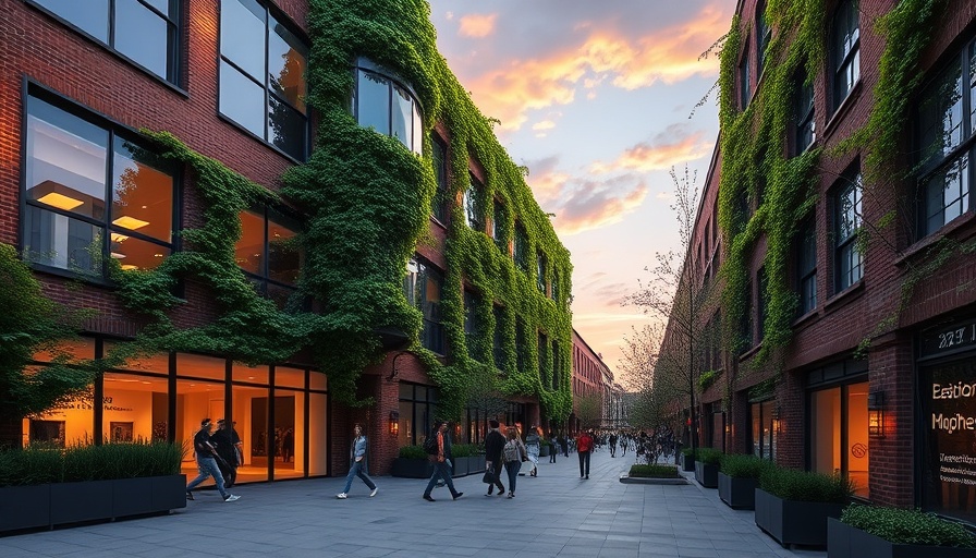 Morris Moor fully leased modern office building with greenery and people.