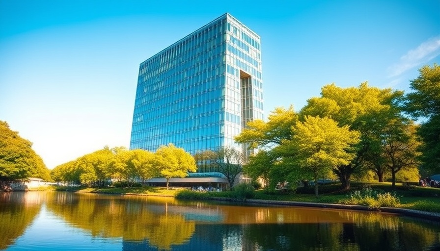 Houston office building with pond and trees under blue sky.