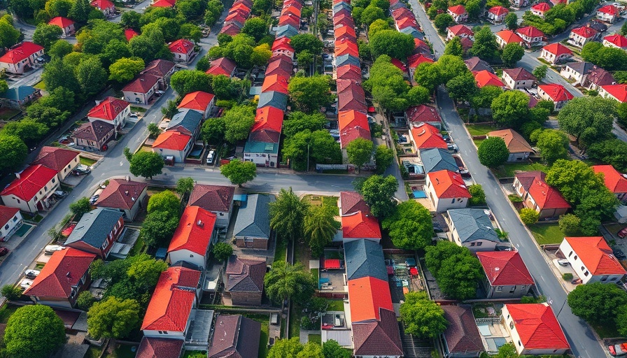 Aerial view of colorful rooftops in a suburban neighborhood.