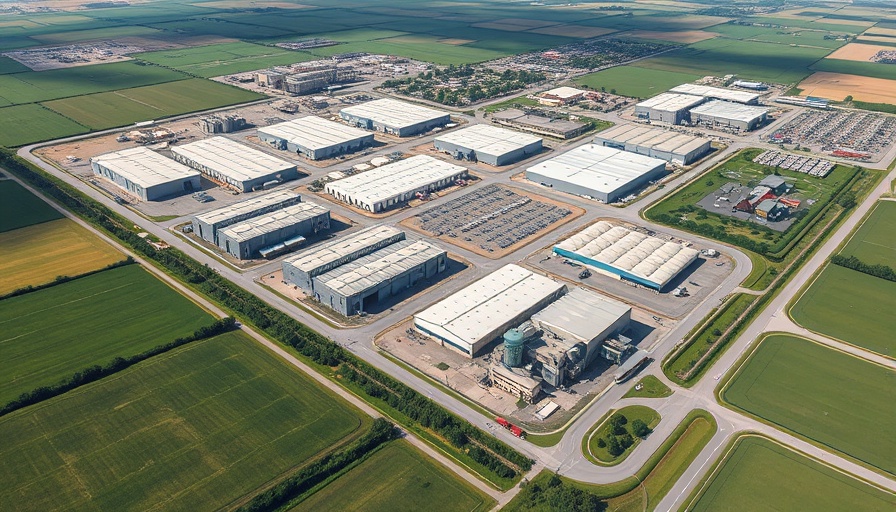Aerial view of industrial complex near Newcastle, featuring warehouses.