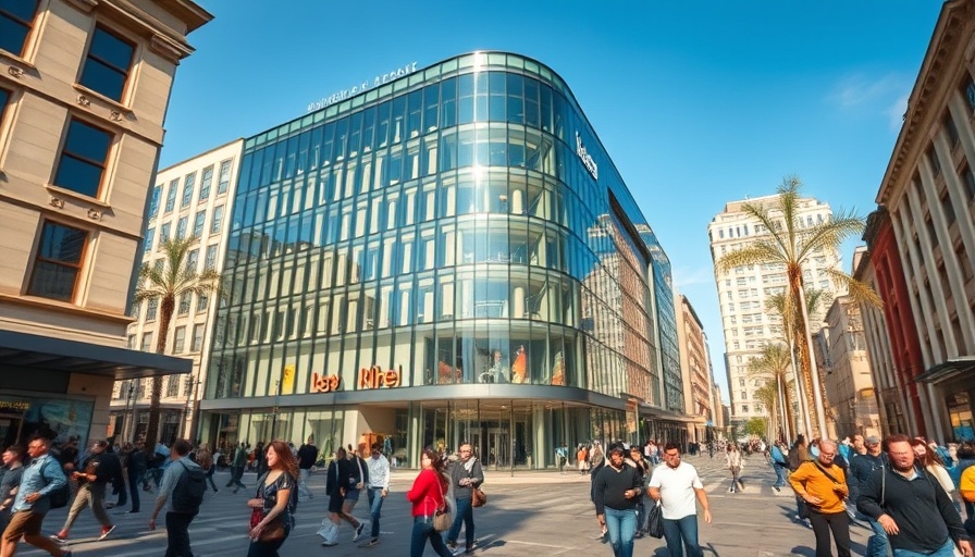 Modern Manhattan retail market with bustling storefronts