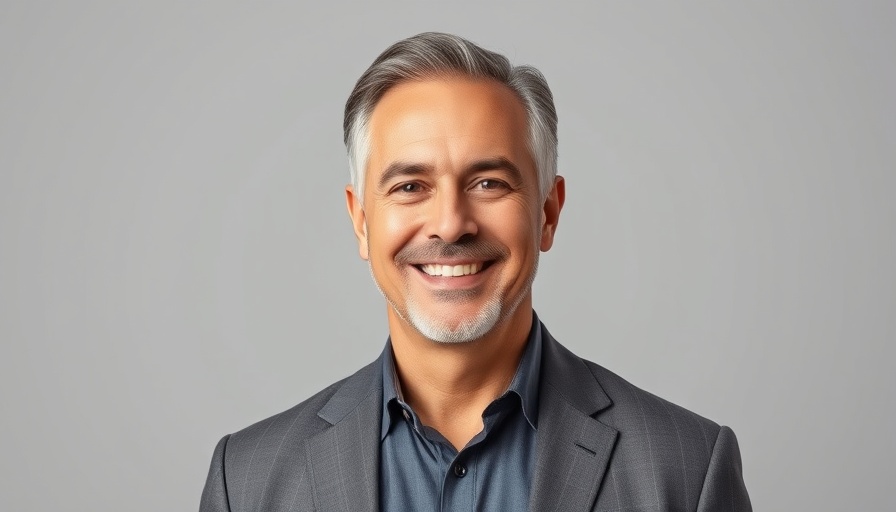 Professional portrait of middle-aged man smiling in a suit.