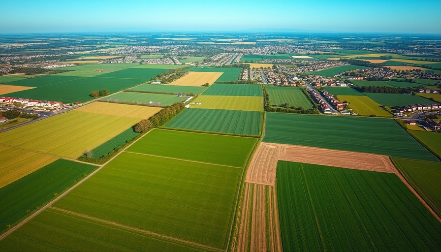 Aerial view of potential housing development in Staffordshire Hampshire fields.