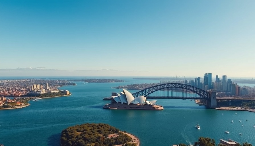 Aerial view of Sydney highlighting landmarks and skyline.