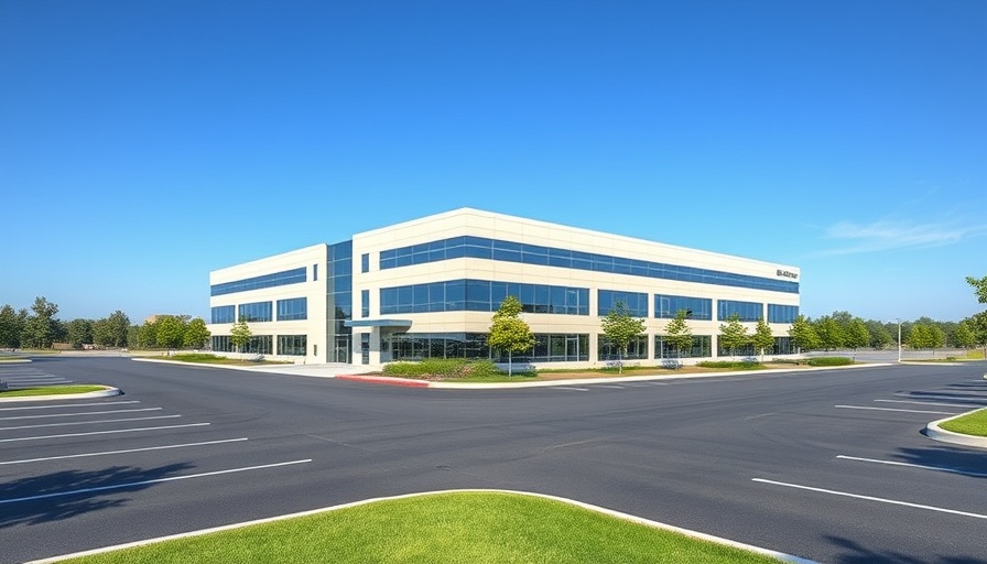 Photorealistic data center building with parking and greenery, showcasing data center investment.
