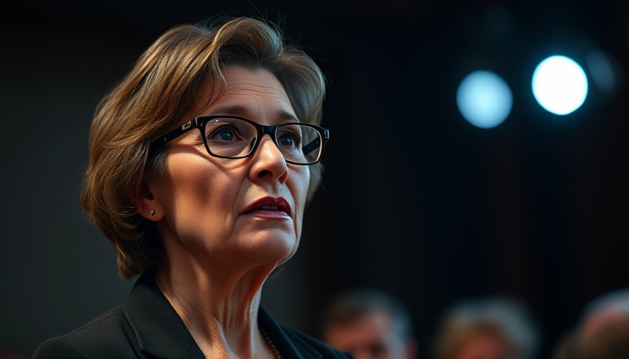 Thoughtful mature woman speaking at a conference, low-key lighting