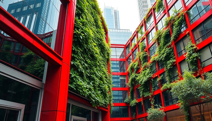 Modern building with red facade and greenery, highlighting green financing in real estate.