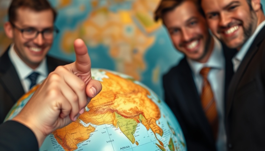 Close-up of globe showing Australia with two businessmen nearby.