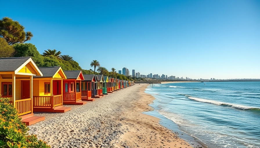 Colorful beach huts in Victoria's next star suburbs with city skyline