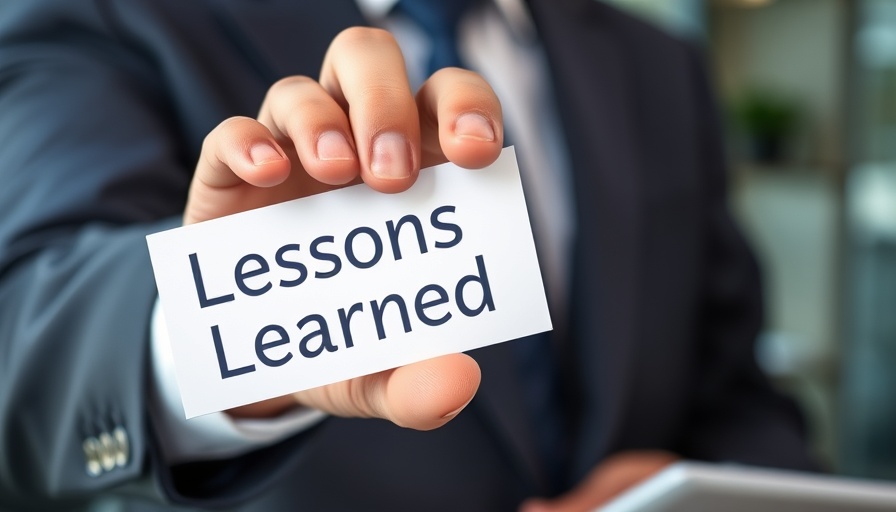 Businessperson holding a card with 'Lessons Learned', concept for success quotes in real estate.