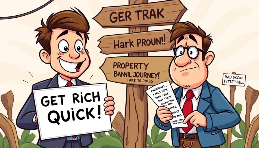 Cartoon of property investing myths between enthusiastic presenter and worried investor.