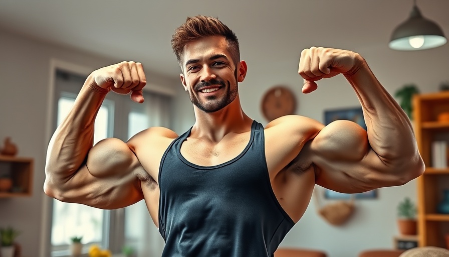 Muscular man flexing indoors with cartoon background, showcasing strength.