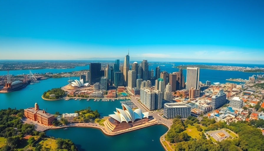 Aerial view of Sydney's skyline and waterways, showcasing b-grade office market.