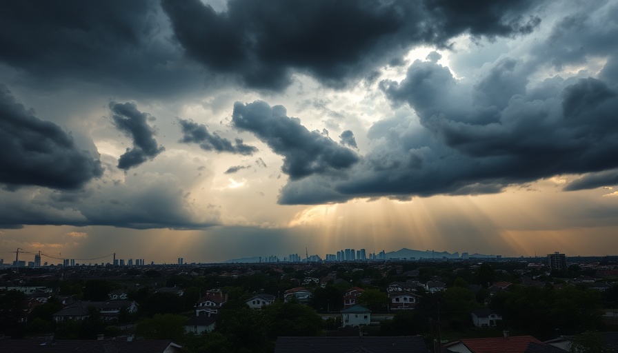 Storm clouds over a city skyline affecting home values due to climate change.