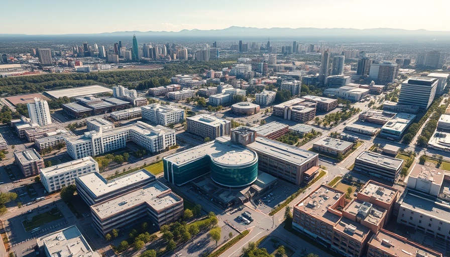 Aerial view of healthcare properties in cityscape.