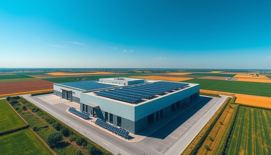 Modern logistics facility with solar panels, green investment landscape.