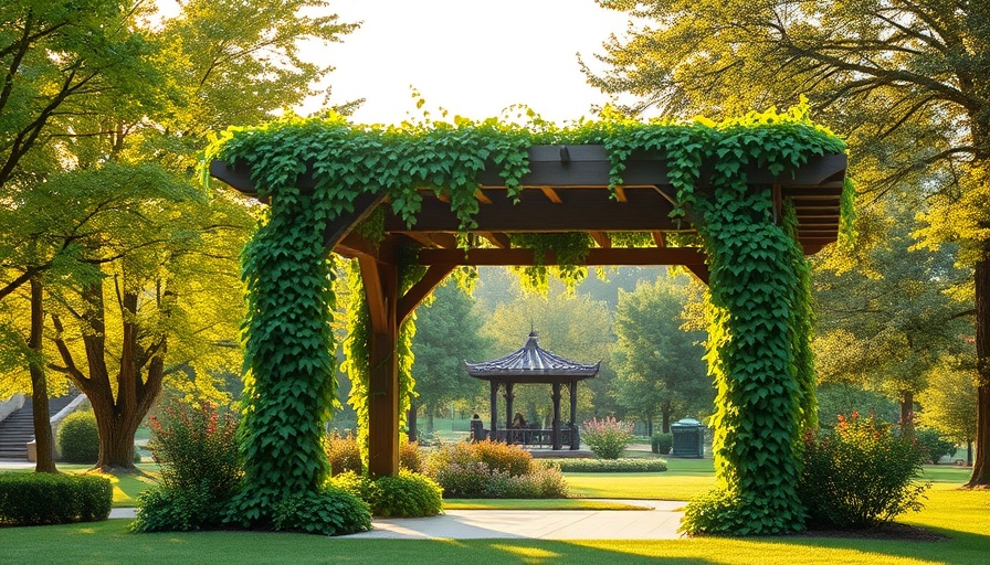 Charming pergola in a park, lush outdoor living design.
