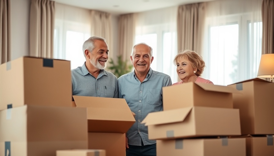 Seniors downsizing, unpacking boxes in a bright modern living room.