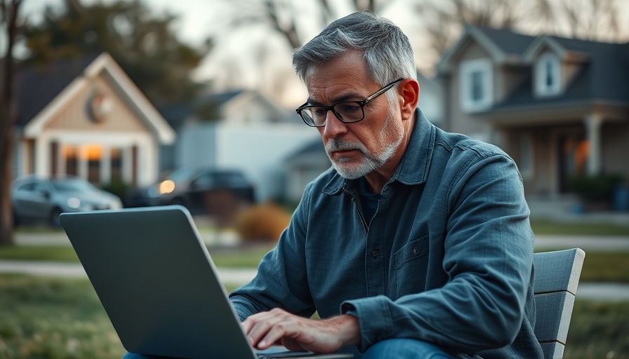 Mature man working on laptop in suburban setting, live off your property portfolio.