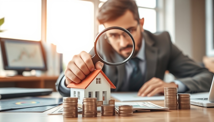 Businessman examines global real estate market value with house model.