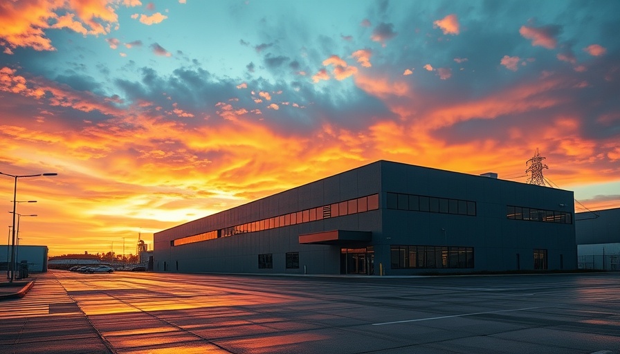Las Vegas industrial development at sunset with reflective pavement.