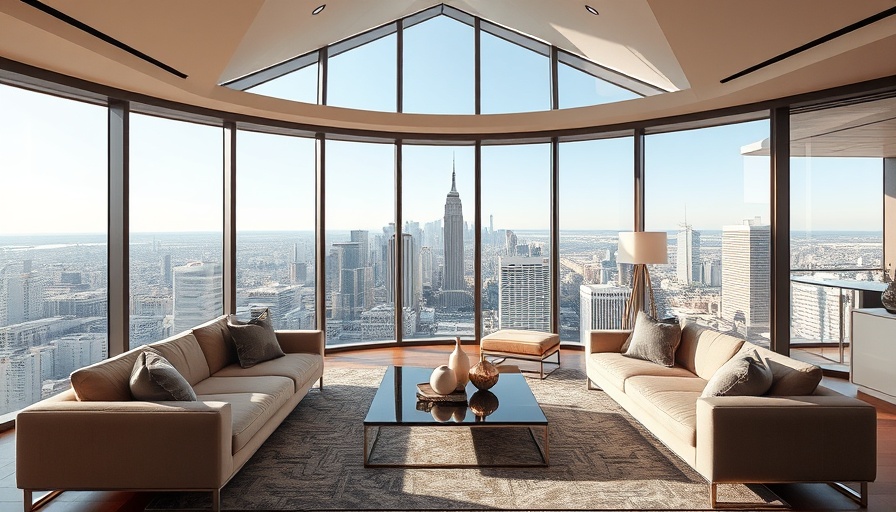 Elegant modern living room at Marella by Mosaic Broadbeach with city view.