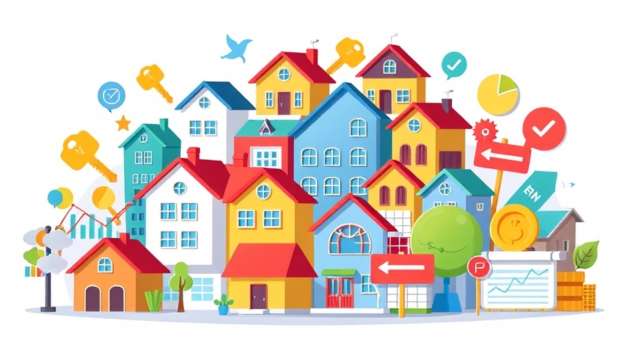Colorful real estate icon collage depicting property investment Newcastle.