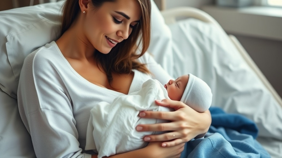 New mother embraces newborn in hospital bed, birth story moment.