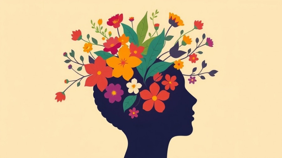 Cultivating curiosity through mindfulness with abstract art of a head and flowers.