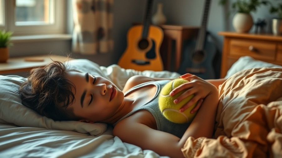 Child lying in bed holding a tennis ball, calm atmosphere.