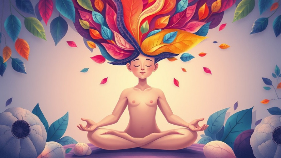 Illustration of mindfulness meditation with vibrant leaves.