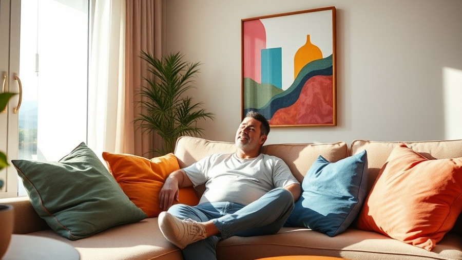Modern lifestyle tips: Relaxed man in a cozy colorful living room.