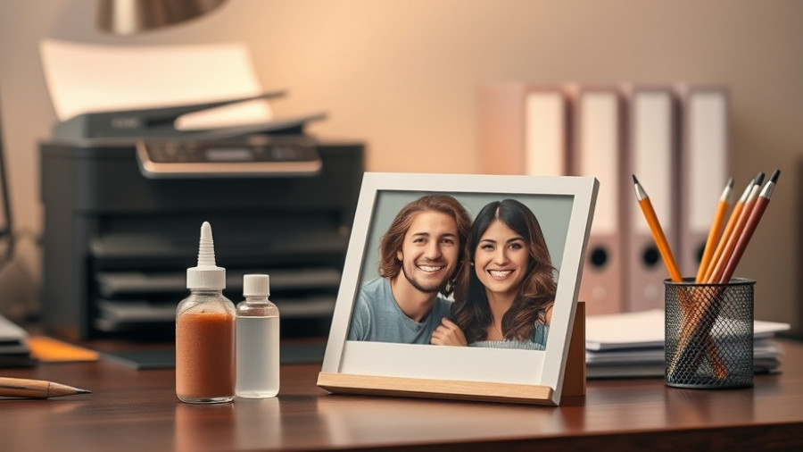 Personalized photo gift on desk, smiling couple, office setting.