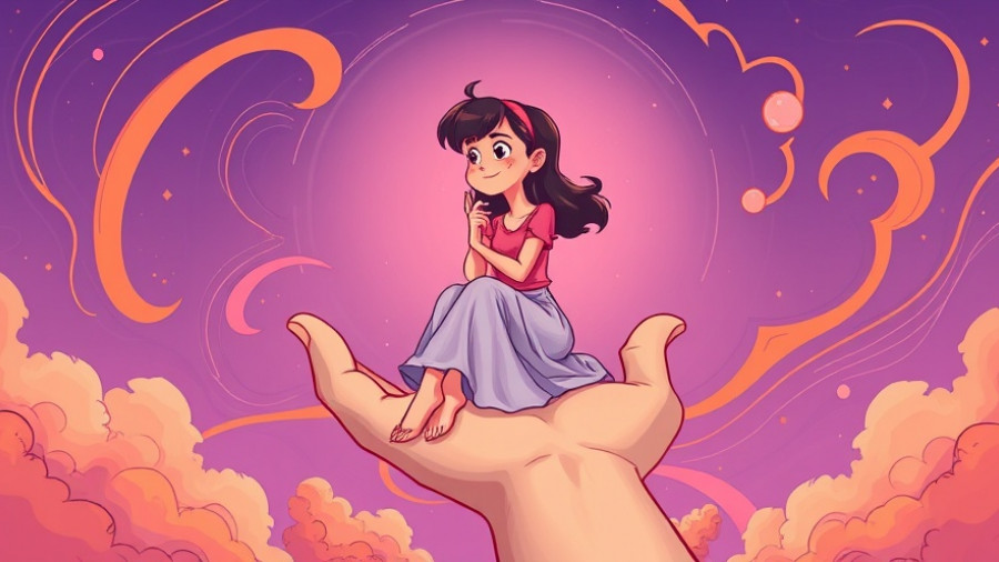 Illustration of self-compassion with a woman resting on a hand.