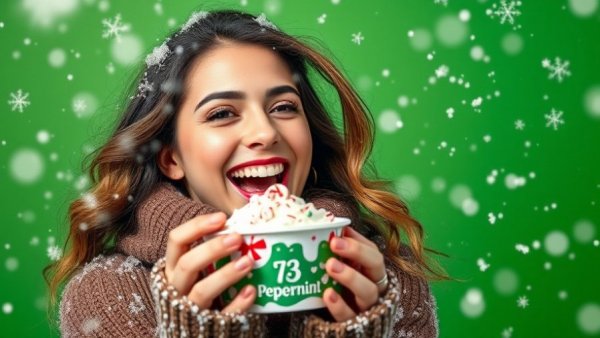Cheerful woman with peppermint hot chocolate protein against green background.