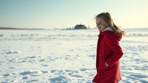 Young girl in red coat walking through a snowy landscape, modern lifestyle tips.