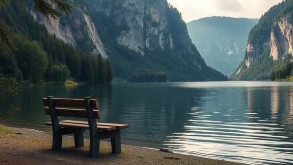 Tranquil lakeside bench surrounded by forest, promoting healthy lifestyle changes.