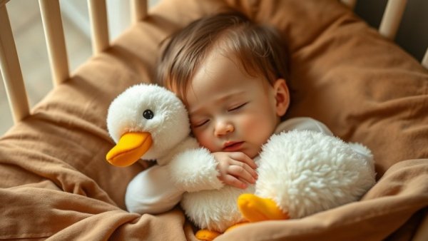 Sleeping toddler with plush duck toy, perfect gifts for kids.