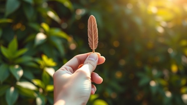 Hand holding feather-shaped pencil in sunlit greenery, symbolizing overcoming creative blocks at work.