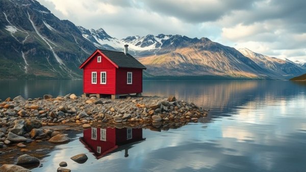 Serene landscape with red cabin, rocky shore, and mountains; healthy lifestyle changes inspiration.