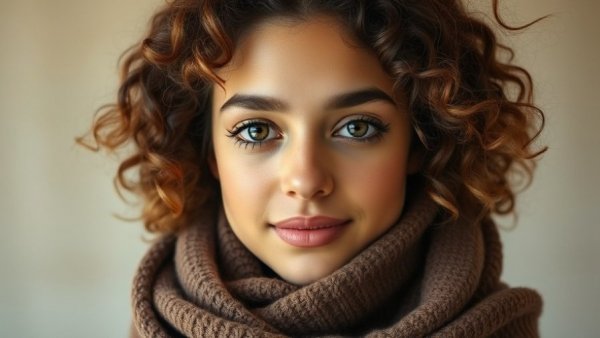 Stylish young woman with curly hair in a brown scarf, outdoorsy gift ideas.