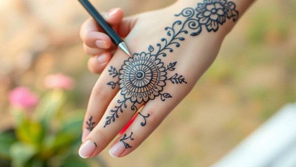 Henna being applied on hand for mindfulness practice, close-up.